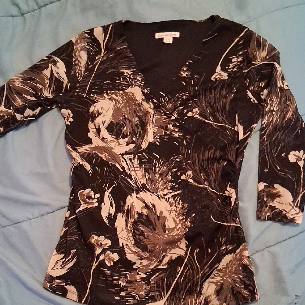 Coldwater Creek Black, Tan, Cream Layered 3/4 Sleeve Top